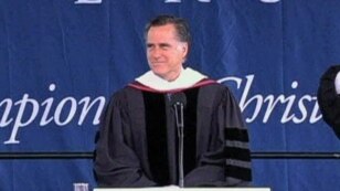 Mitt Romney speaking at Liberty University, a Christian-oriented university in Virginia.