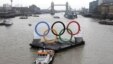 Backdropped by the historic Tower Bridge, a giant Olympic Rings floats on the River Thames in London in the run-up for the Olympic games, during its launch to mark 150-days until the start of the London 2012 Olympic games, February 28, 2012. 
