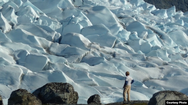 University of Wisconsin geologist Anders Carlson looking at an ice margin in south Greenland that is changing from being marine based to land based and thus slowing down and becoming more predictable. (Photo: Rob Hatfield, Oregon State University)